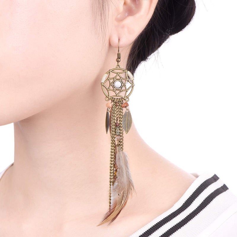 Idealway Punk Vintage Long Tassel Feather Beads Drop Wolf Tooth Pendant Earring Fish Hook Earrings (Brown A) - Image 4